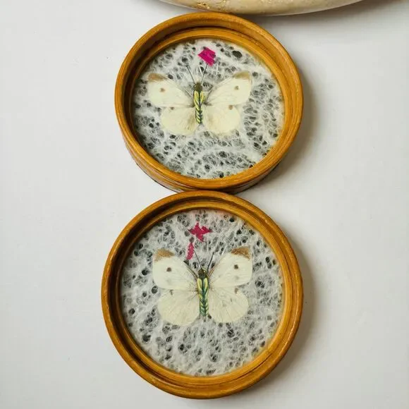 Set 6 Vintage Wood Coasters Pressed Butterflies 1970s Boho Wicker Rattan‎ - Picture 4 of 13